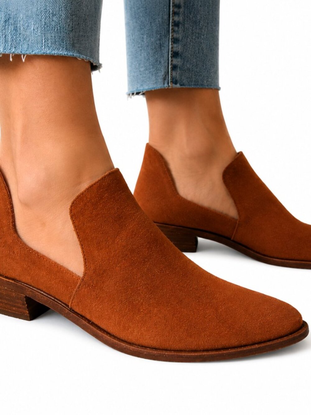 Chinese Laundry Cognac Suede Cutout Ankle Booties, Pointed Toe Western Style